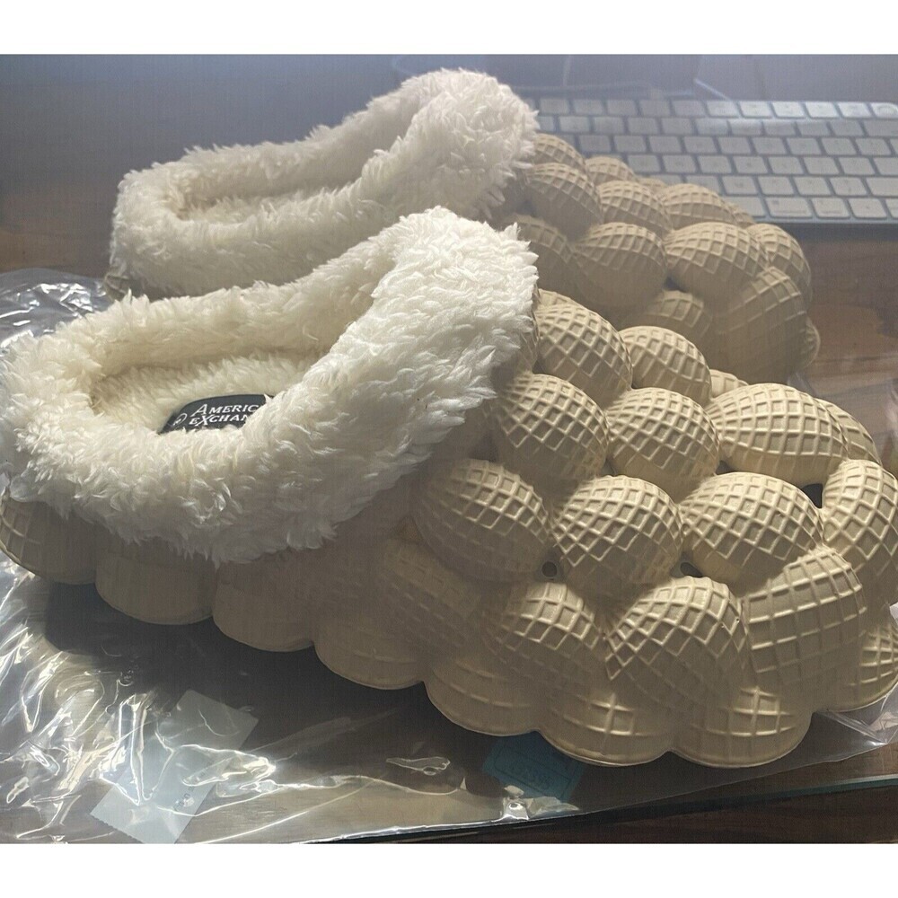 Bubble Slide  Chunky Slipper Warm Funny Lychee Size 8 Beige Slip On Winter